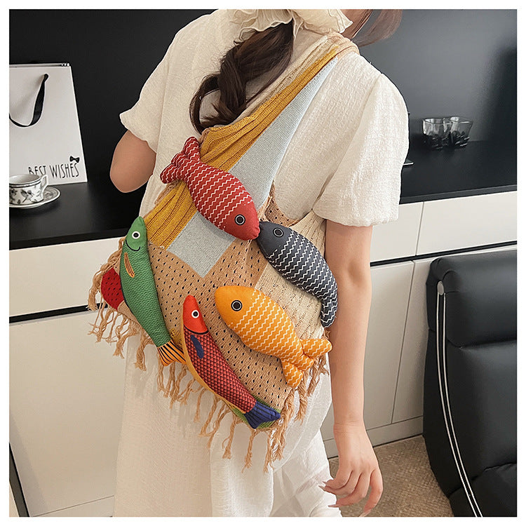 Khaki handbag strap Knitted Patchwork Tote Bag â€“ Spacious, Fringed, Single-Shoulder Design