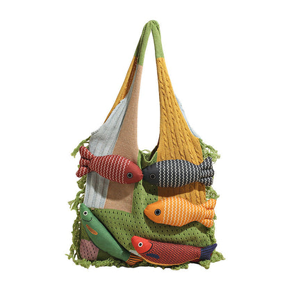 Green handbag strap Knitted Patchwork Tote Bag â€“ Spacious, Fringed, Single-Shoulder Design
