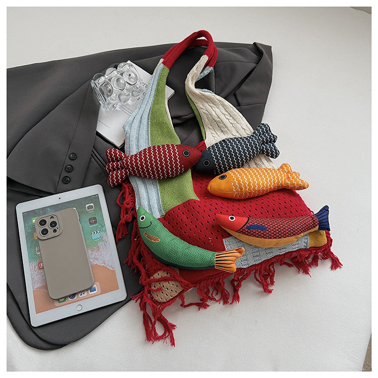 Green handbag strap Knitted Patchwork Tote Bag â€“ Spacious, Fringed, Single-Shoulder Design