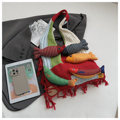 Green handbag strap Knitted Patchwork Tote Bag â€“ Spacious, Fringed, Single-Shoulder Design