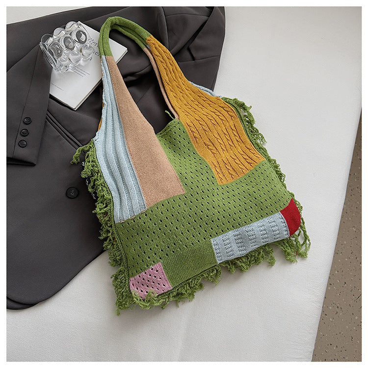 Green handbag strap Knitted Patchwork Tote Bag â€“ Spacious, Fringed, Single-Shoulder Design