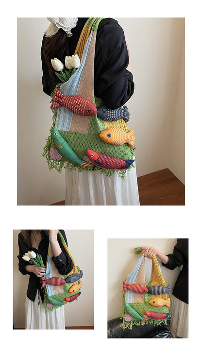 Green handbag strap Knitted Patchwork Tote Bag â€“ Spacious, Fringed, Single-Shoulder Design