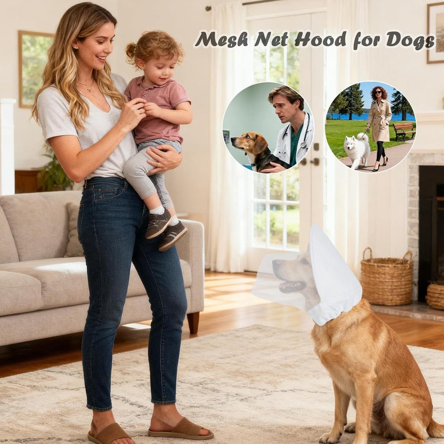 Size L Black Mesh Net Hood for Dogs – Protective Face Cover Against Insects, Debris, and Oral Ingestion