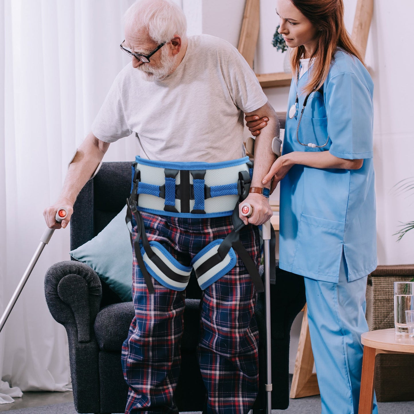 Size L Blue Rehabilitation Support Waist Belt â€“ Gait Assistance & Transfer Aid for Elderly, Post-Stroke, and Mobility-Impaired Users