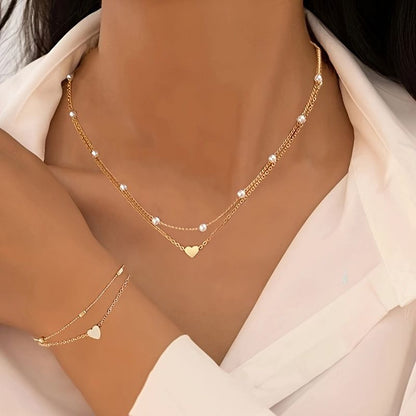 Gold Double-Layer Heart Charm Necklace and Bracelet Set – Women’s Layered Jewelry Set