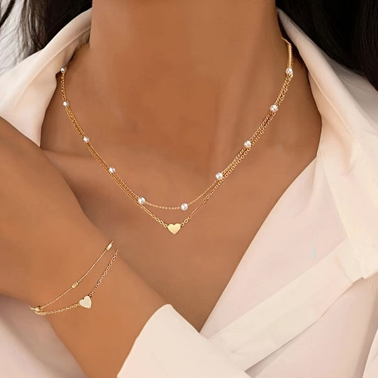 Gold Double-Layer Heart Charm Necklace and Bracelet Set – Women’s Layered Jewelry Set