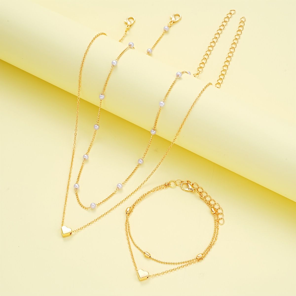 Gold Double-Layer Heart Charm Necklace and Bracelet Set – Women’s Layered Jewelry Set