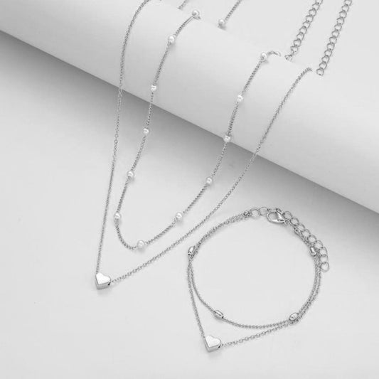 Silver Double-Layer Heart Charm Necklace and Bracelet Set – Women’s Layered Jewelry Set
