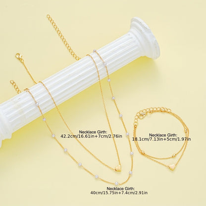 Silver Double-Layer Heart Charm Necklace and Bracelet Set – Women’s Layered Jewelry Set