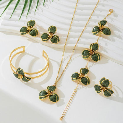 Green Floral Enamel Jewelry Set – Five-Piece Alloy Accessory Collection with Minimalist Botanical Design