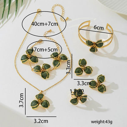 Green Floral Enamel Jewelry Set – Five-Piece Alloy Accessory Collection with Minimalist Botanical Design