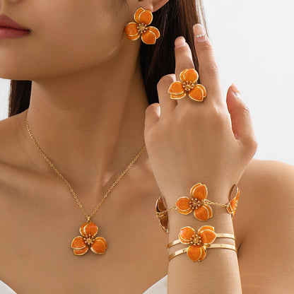 Orange Floral Enamel Jewelry Set – Five-Piece Alloy Accessory Collection with Minimalist Botanical Design