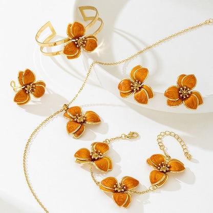Orange Floral Enamel Jewelry Set – Five-Piece Alloy Accessory Collection with Minimalist Botanical Design