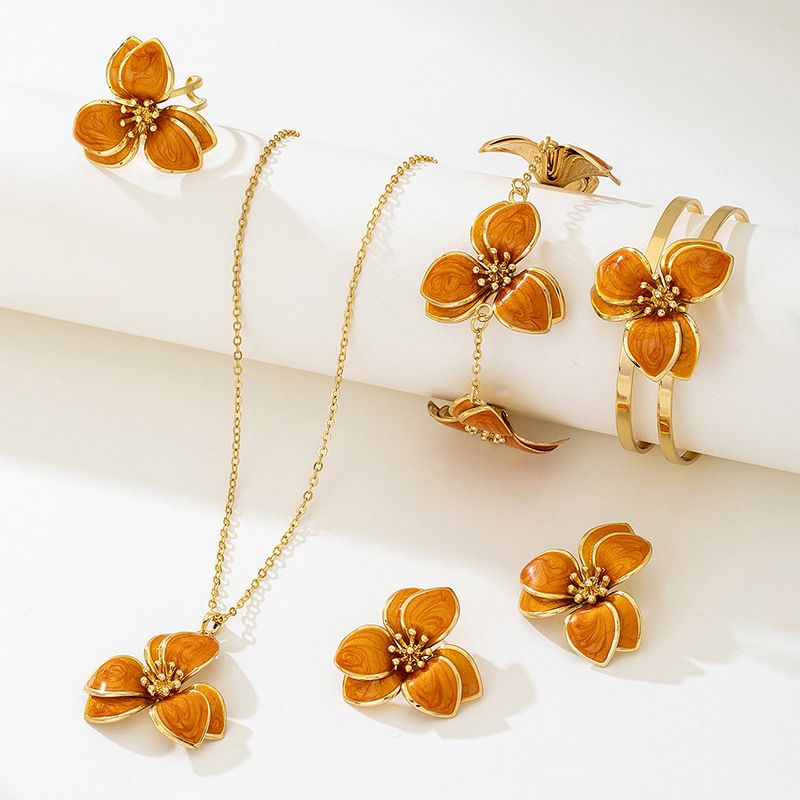 Orange Floral Enamel Jewelry Set – Five-Piece Alloy Accessory Collection with Minimalist Botanical Design