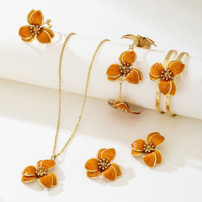Orange Floral Enamel Jewelry Set – Five-Piece Alloy Accessory Collection with Minimalist Botanical Design