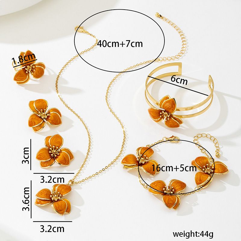 Orange Floral Enamel Jewelry Set – Five-Piece Alloy Accessory Collection with Minimalist Botanical Design