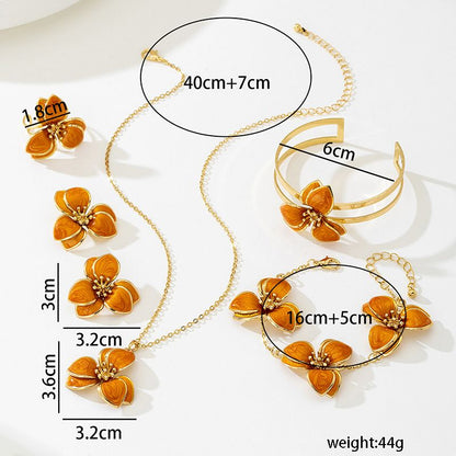 Orange Floral Enamel Jewelry Set – Five-Piece Alloy Accessory Collection with Minimalist Botanical Design