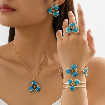 Blue Floral Enamel Jewelry Set – Five-Piece Alloy Accessory Collection with Minimalist Botanical Design