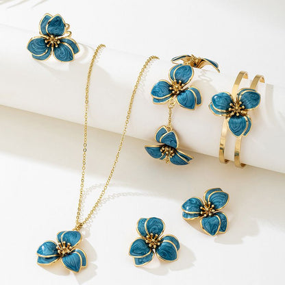 Blue Floral Enamel Jewelry Set – Five-Piece Alloy Accessory Collection with Minimalist Botanical Design