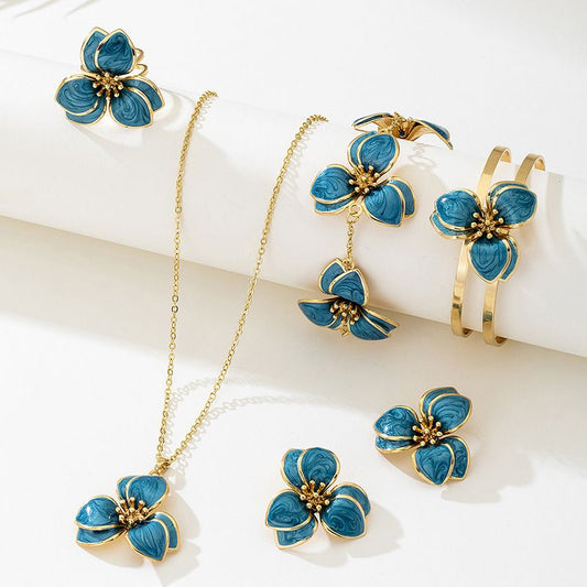 Blue Floral Enamel Jewelry Set – Five-Piece Alloy Accessory Collection with Minimalist Botanical Design