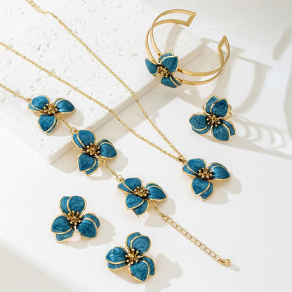 Blue Floral Enamel Jewelry Set – Five-Piece Alloy Accessory Collection with Minimalist Botanical Design