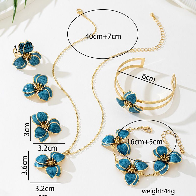 Blue Floral Enamel Jewelry Set – Five-Piece Alloy Accessory Collection with Minimalist Botanical Design