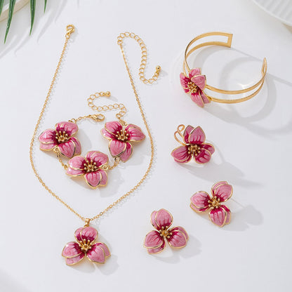 White Floral Enamel Jewelry Set – Five-Piece Alloy Accessory Collection with Minimalist Botanical Design