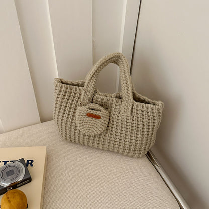 Beige Handcrafted Crochet Tote Bag – Vintage-Style Woven Cotton-Yarn Look Bag