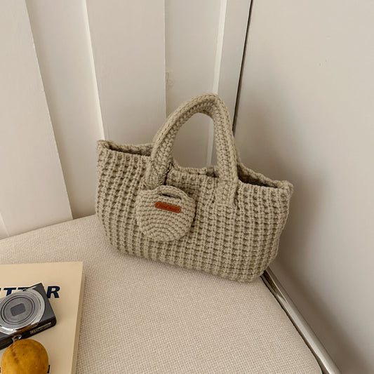 Beige Handcrafted Crochet Tote Bag – Vintage-Style Woven Cotton-Yarn Look Bag