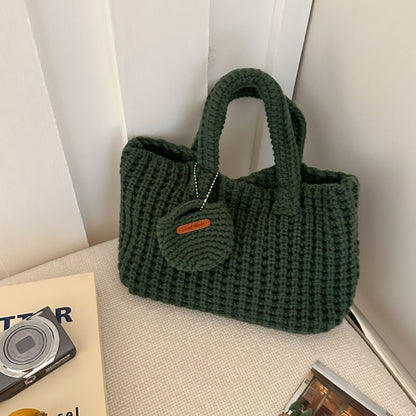 Dark Green Handcrafted Crochet Tote Bag – Vintage-Style Woven Cotton-Yarn Look Bag