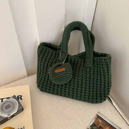 Dark Green Handcrafted Crochet Tote Bag – Vintage-Style Woven Cotton-Yarn Look Bag