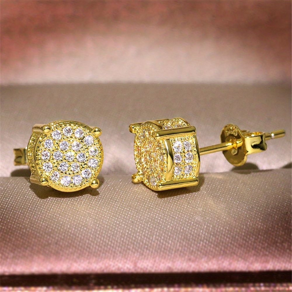 Gold Unisex Round Crystal Stud Earrings – Full-Pave Micro-Set Alloy Ear Jewelry