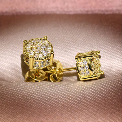 Gold Unisex Round Crystal Stud Earrings – Full-Pave Micro-Set Alloy Ear Jewelry