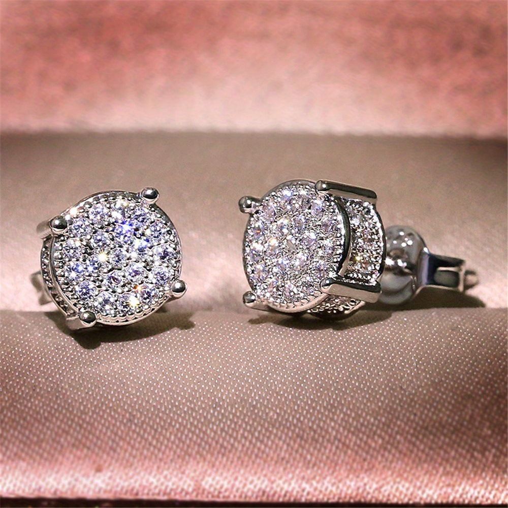 Silver Unisex Round Crystal Stud Earrings – Full-Pave Micro-Set Alloy Ear Jewelry
