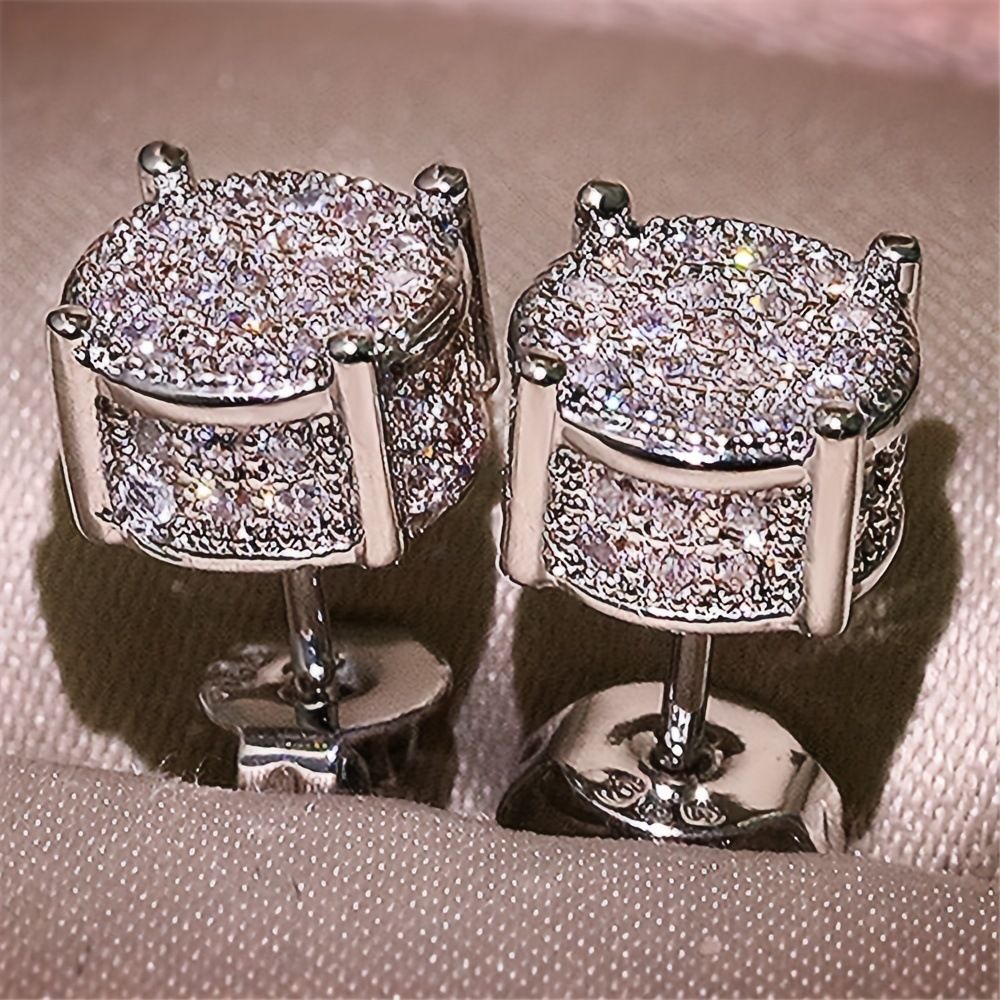 Silver Unisex Round Crystal Stud Earrings – Full-Pave Micro-Set Alloy Ear Jewelry
