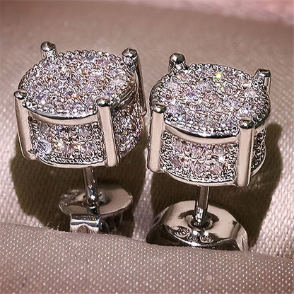 Silver Unisex Round Crystal Stud Earrings – Full-Pave Micro-Set Alloy Ear Jewelry