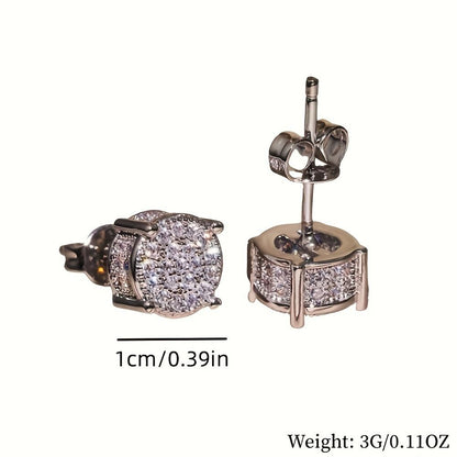 Silver Unisex Round Crystal Stud Earrings – Full-Pave Micro-Set Alloy Ear Jewelry
