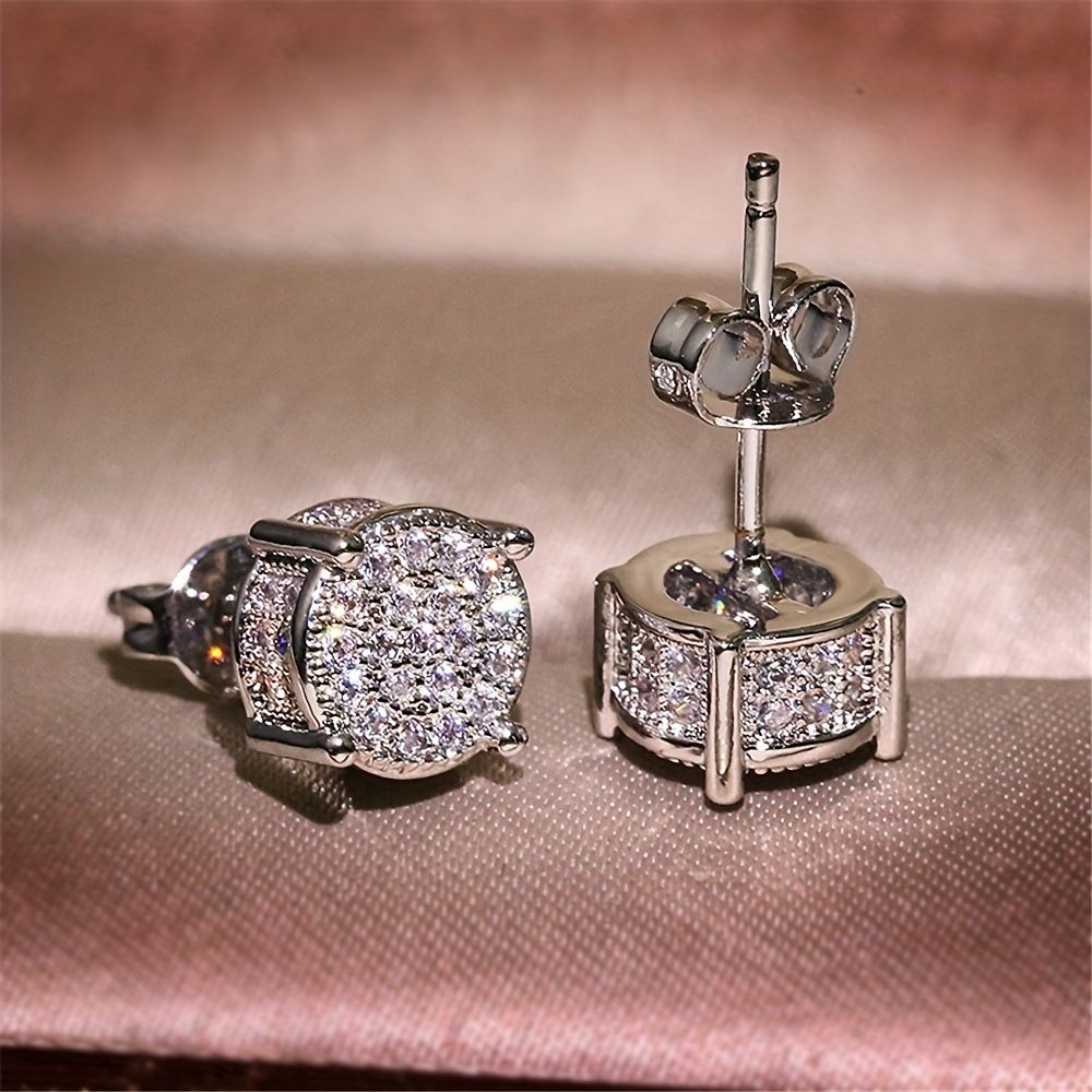 Silver Unisex Round Crystal Stud Earrings – Full-Pave Micro-Set Alloy Ear Jewelry