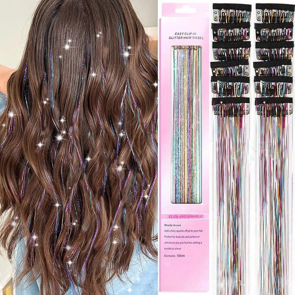 Colorful Laser Iridescent Hair Extensions – 12-Piece Clip-In Highlight Strands (High-Temperature Fiber)
