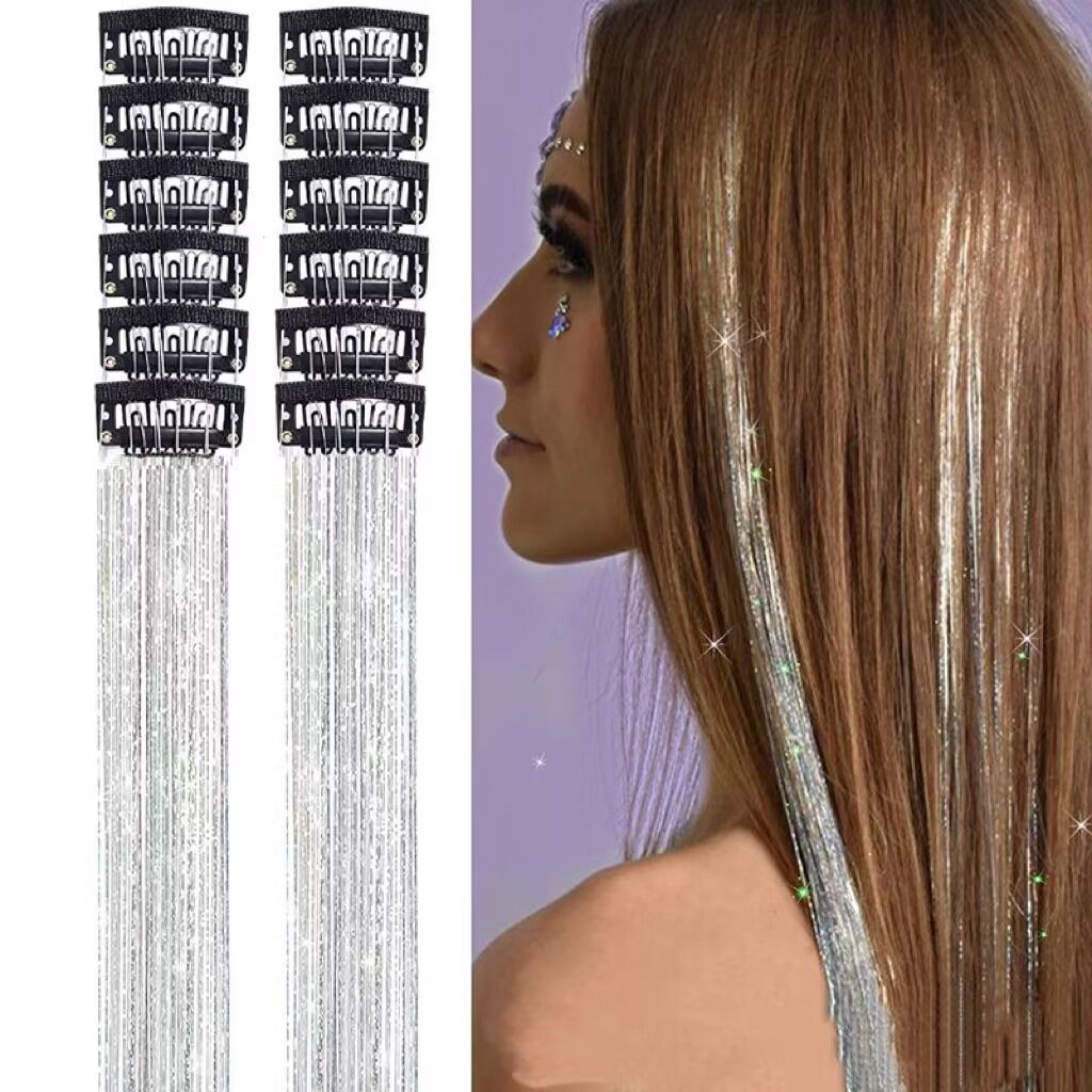 Silver Laser Iridescent Hair Extensions – 12-Piece Clip-In Highlight Strands (High-Temperature Fiber)