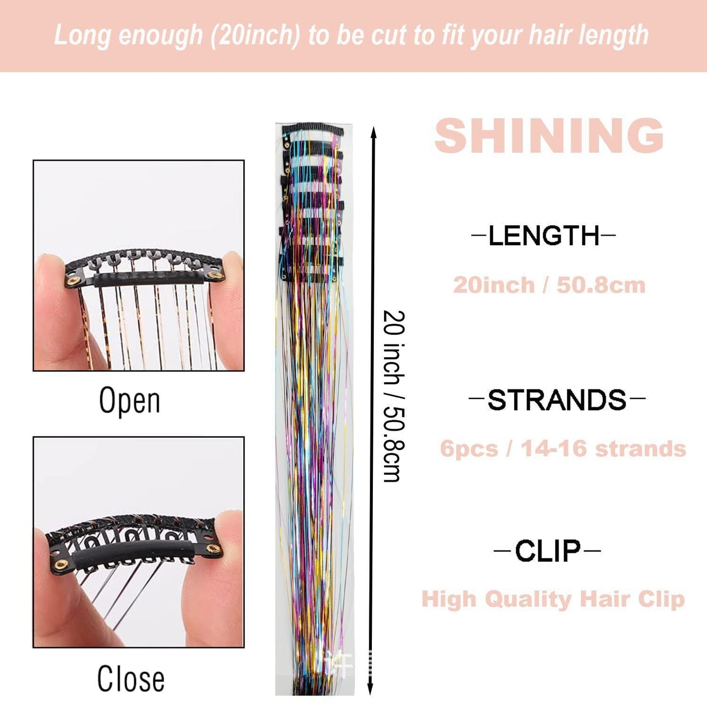 Silver Laser Iridescent Hair Extensions – 12-Piece Clip-In Highlight Strands (High-Temperature Fiber)
