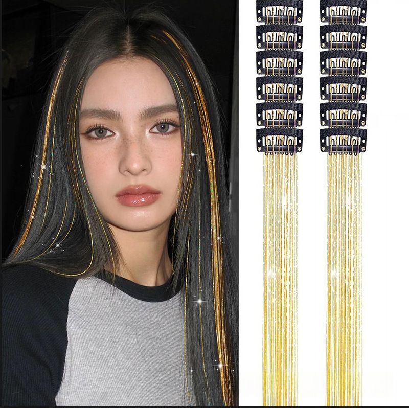 Gold Laser Iridescent Hair Extensions – 12-Piece Clip-In Highlight Strands (High-Temperature Fiber)