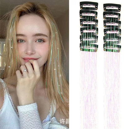 Pearl White Laser Iridescent Hair Extensions – 12-Piece Clip-In Highlight Strands (High-Temperature Fiber)