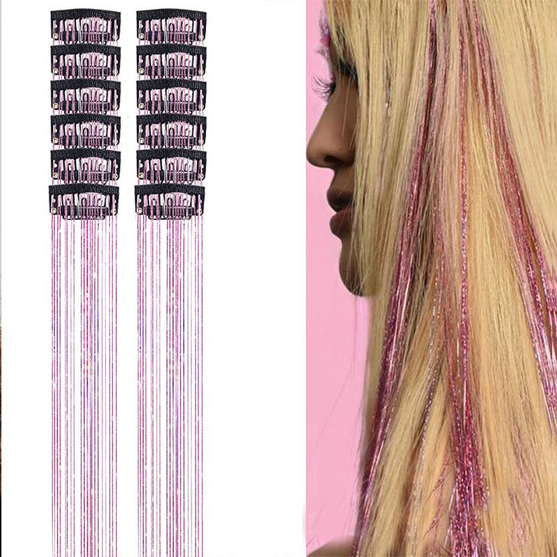 Pink Laser Iridescent Hair Extensions – 12-Piece Clip-In Highlight Strands (High-Temperature Fiber)