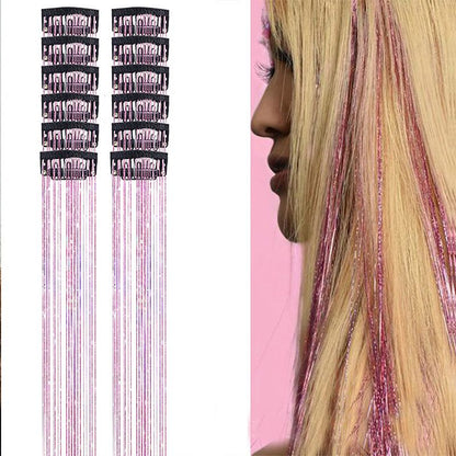 Pink Laser Iridescent Hair Extensions – 12-Piece Clip-In Highlight Strands (High-Temperature Fiber)