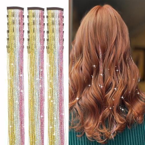 Yellow and Silver and Pink Laser Iridescent Hair Extensions – 12-Piece Clip-In Highlight Strands (High-Temperature Fiber)