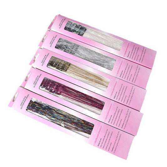 Yellow and Silver and Pink Laser Iridescent Hair Extensions – 12-Piece Clip-In Highlight Strands (High-Temperature Fiber)