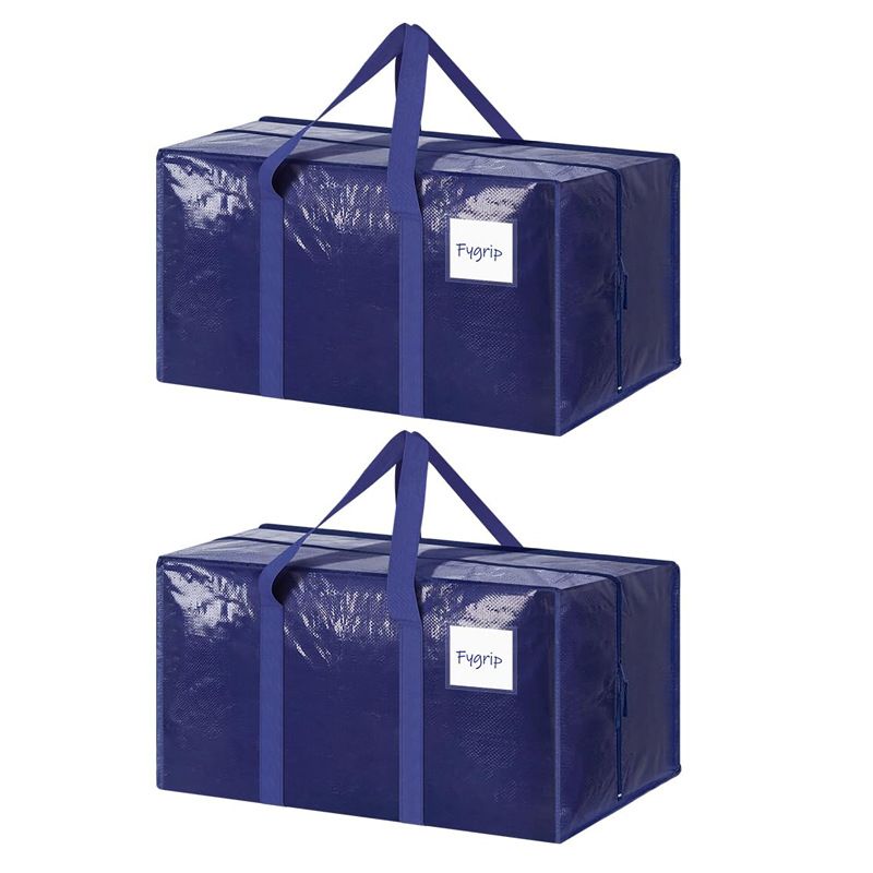 2 Pack Extra Heavy Duty Large Moving Bags with Strong Zipper & Comfortable Handles, Sturdy & Durable Clothes Storage Bags Totes Bins,  Packing Moving Boxes for Clothes, Bedding, Dorm & Travel, Dark Blue