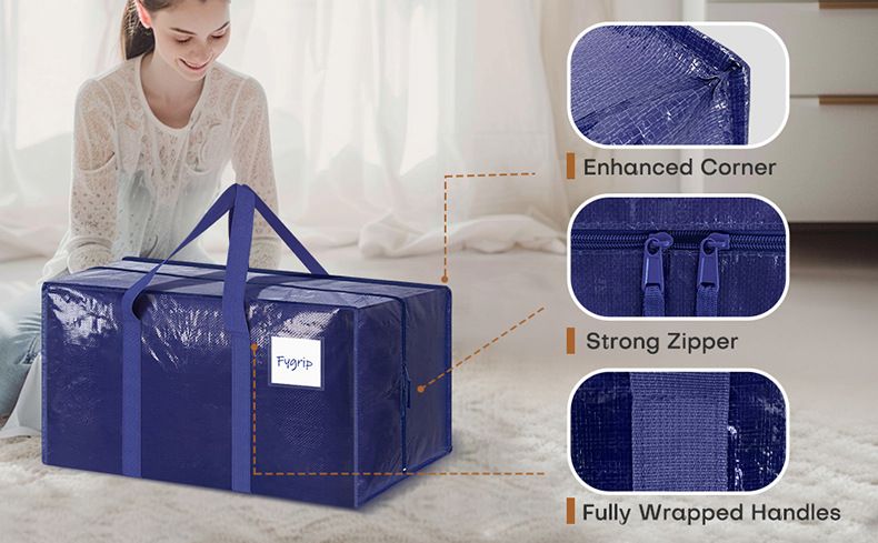 2 Pack Extra Heavy Duty Large Moving Bags with Strong Zipper & Comfortable Handles, Sturdy & Durable Clothes Storage Bags Totes Bins,  Packing Moving Boxes for Clothes, Bedding, Dorm & Travel, Dark Blue
