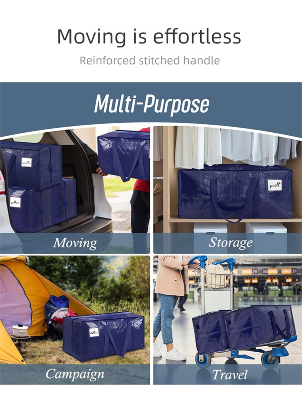 2 Pack Extra Heavy Duty Large Moving Bags with Strong Zipper & Comfortable Handles, Sturdy & Durable Clothes Storage Bags Totes Bins,  Packing Moving Boxes for Clothes, Bedding, Dorm & Travel, Dark Blue